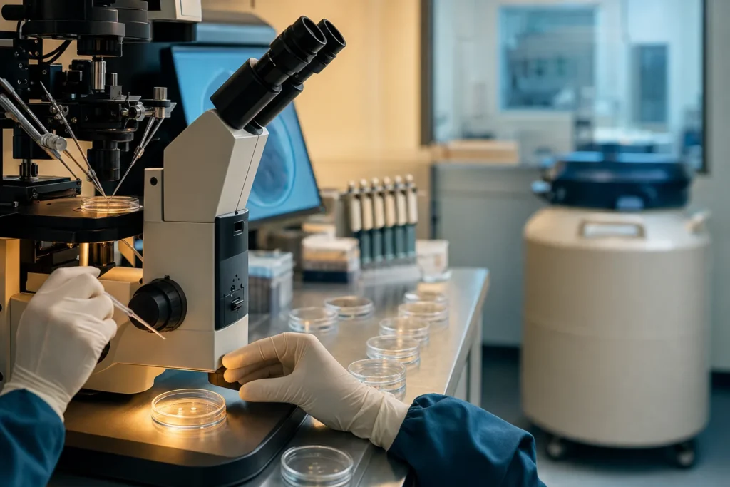 IVF embryology lab with inverted microscope, micromanipulator and petri dishes.
