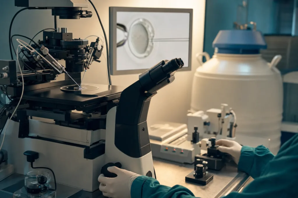 ICSI micromanipulation workstation with inverted microscope and injection pipettes.