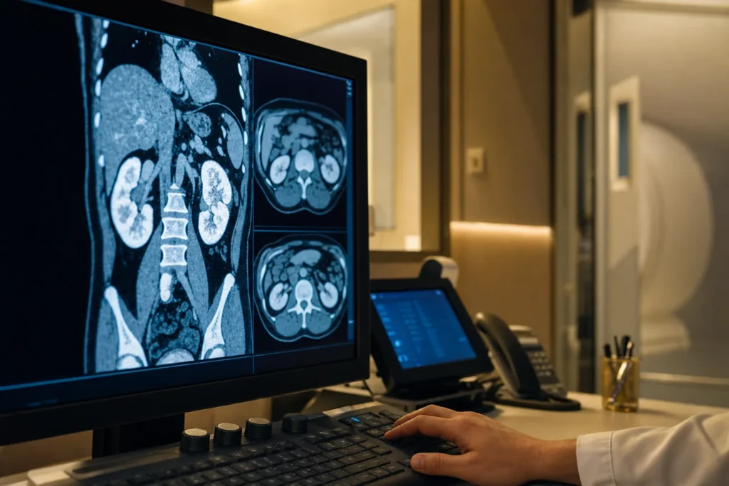 Renal imaging review with kidney CT or MRI on a reporting monitor.