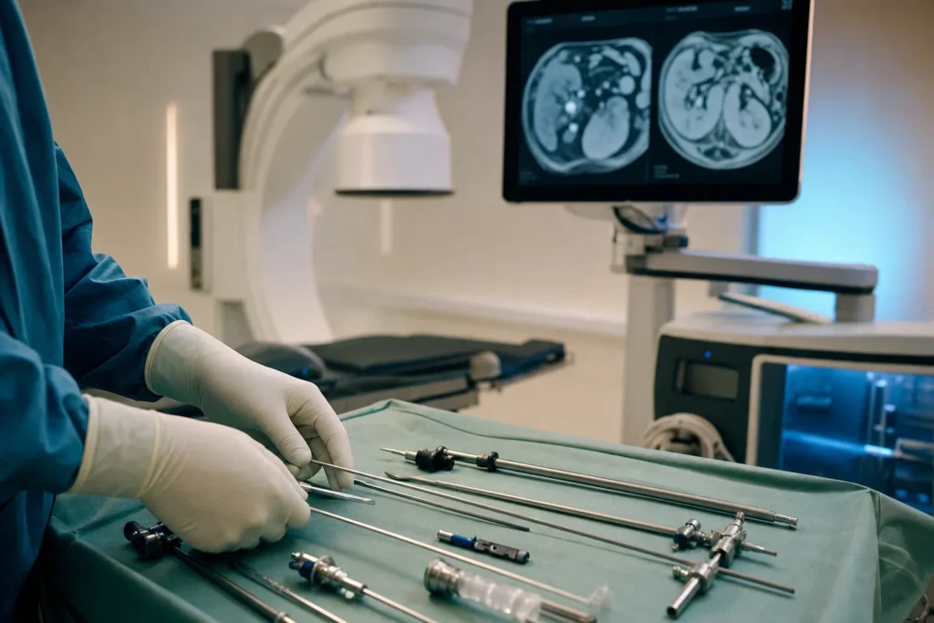 Endourology suite with a lithotripsy machine and renal CT on a monitor.