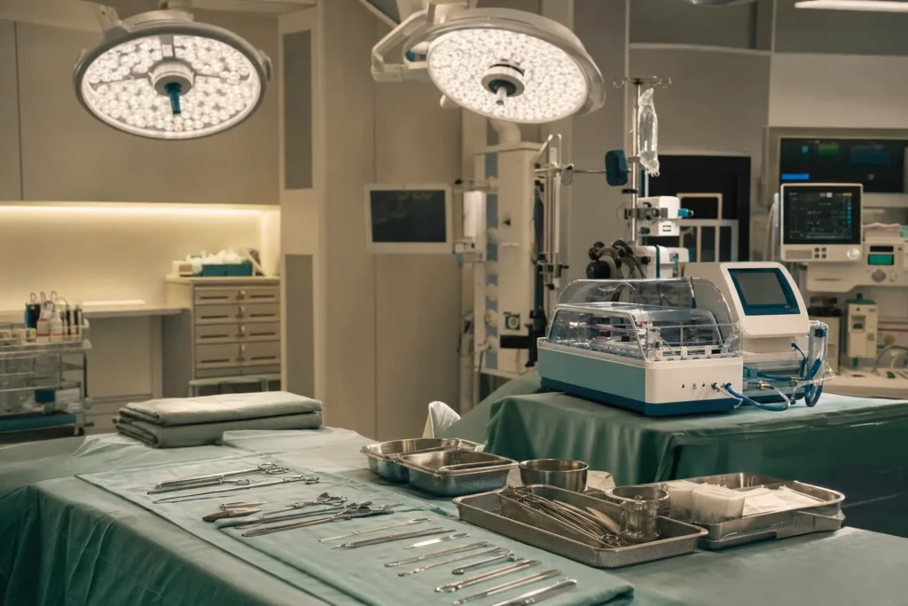 Transplant theatre with sterile instrument trays and an organ-perfusion device.