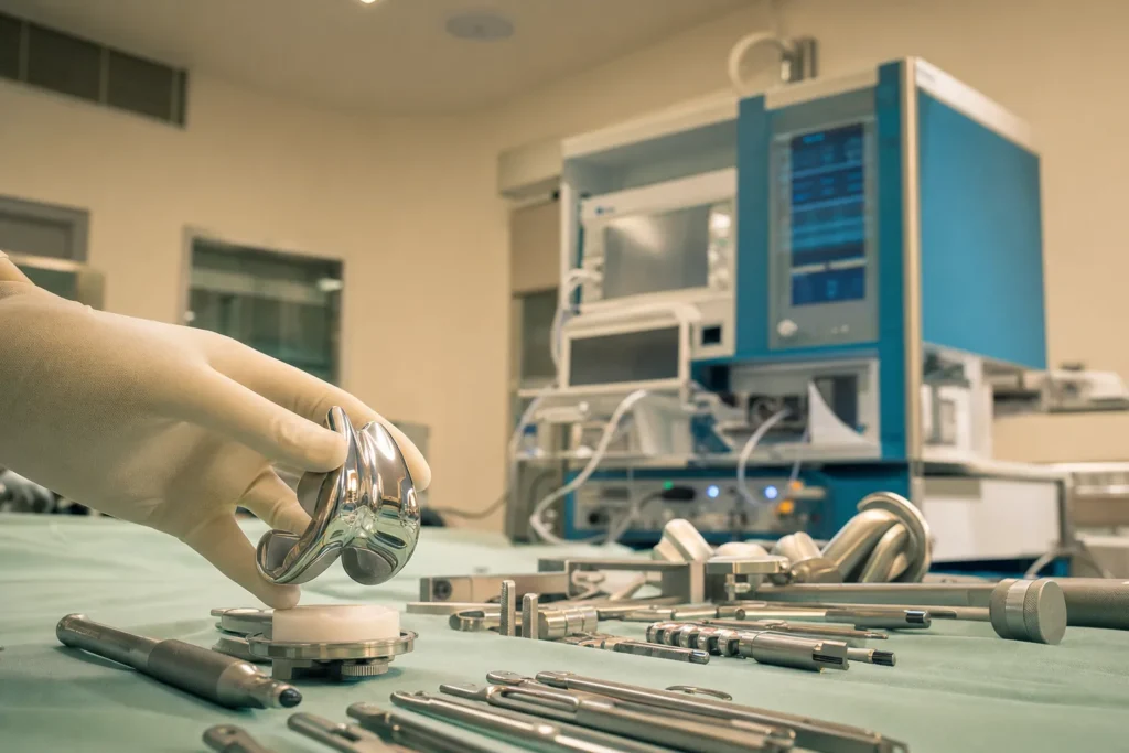 Titanium total-knee implant and orthopaedic instruments on a surgical tray.