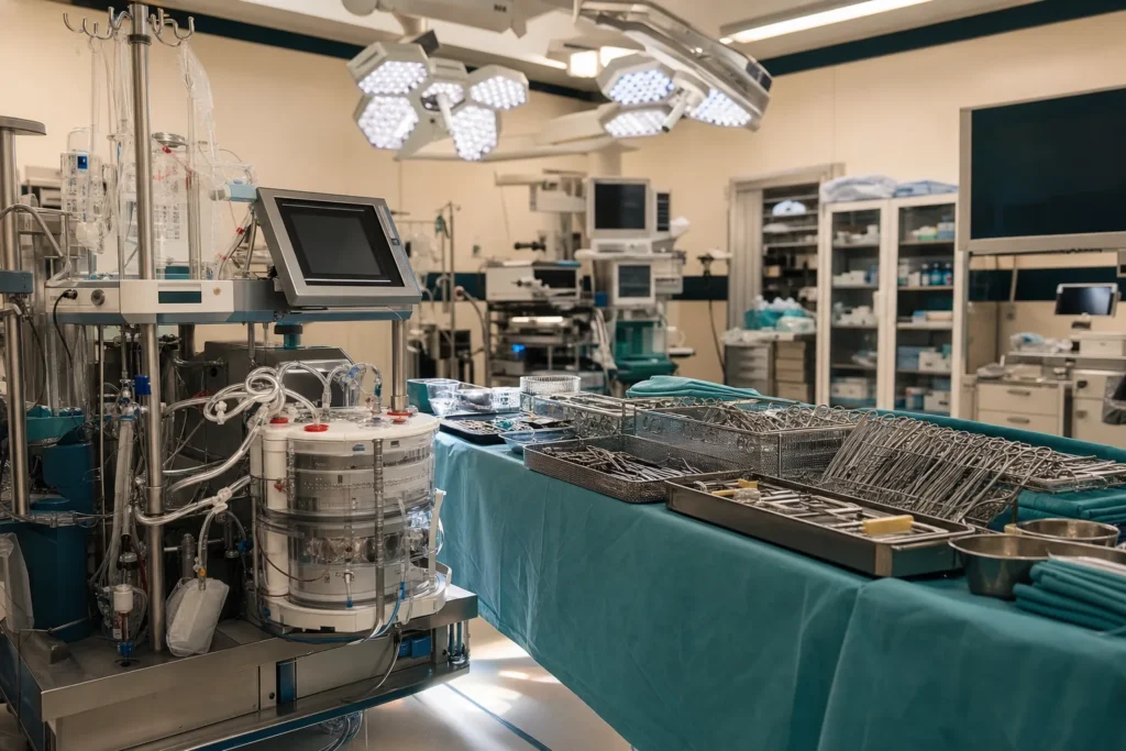 Transplant operating theatre with an organ-preservation perfusion device and instruments.