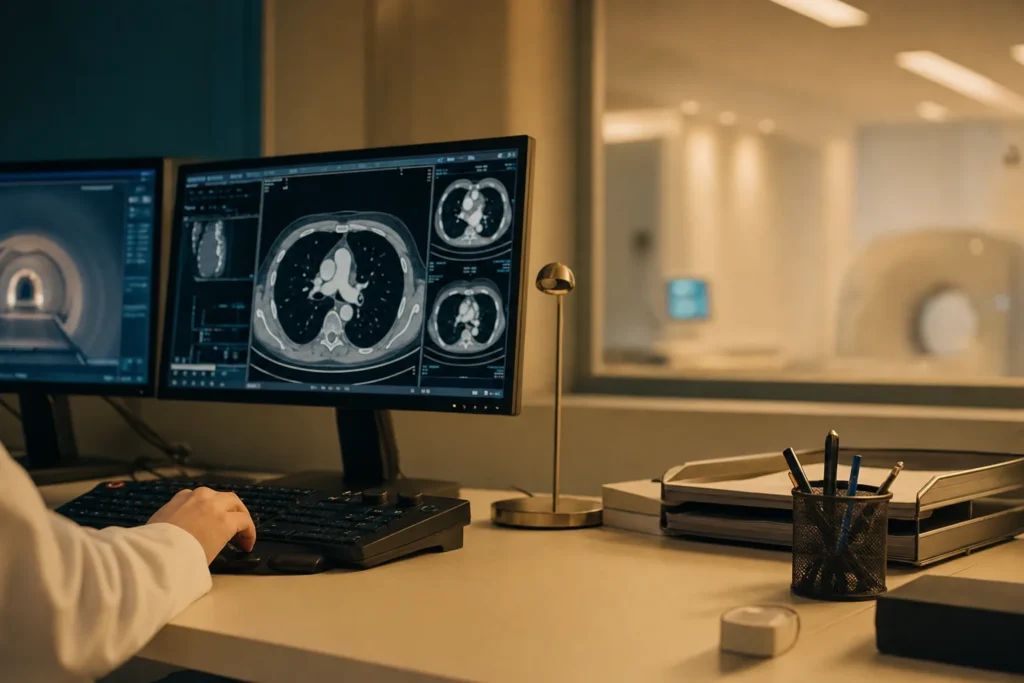 Radiology station reviewing a chest CT scan for lung assessment.