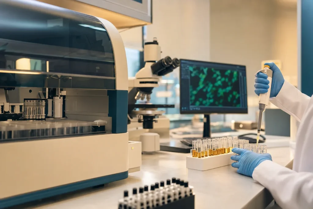 Immunology laboratory with an autoantibody analyser, microscope and serum tubes.