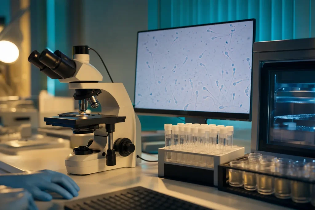 Andrology laboratory with a microscope and abstract semen-analysis imaging.