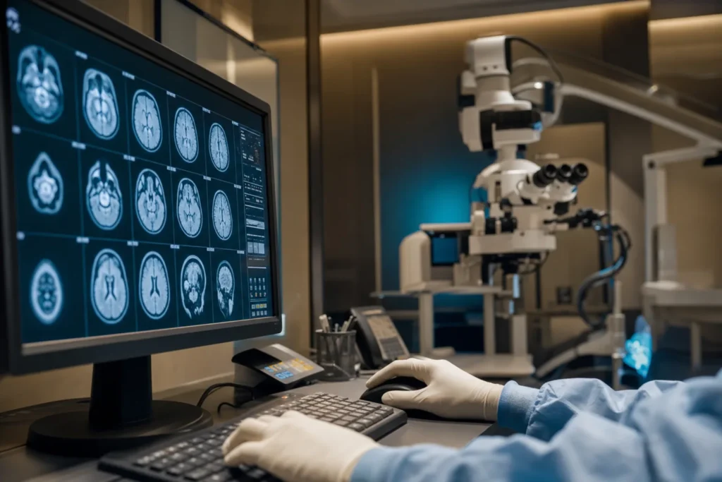 Neuro-imaging review with contrast brain MRI on a monitor.