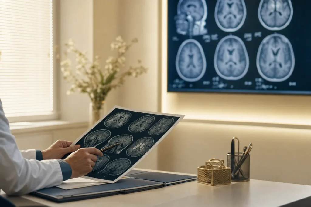 Neurology consultation room with brain MRI on a monitor and a calm desk.