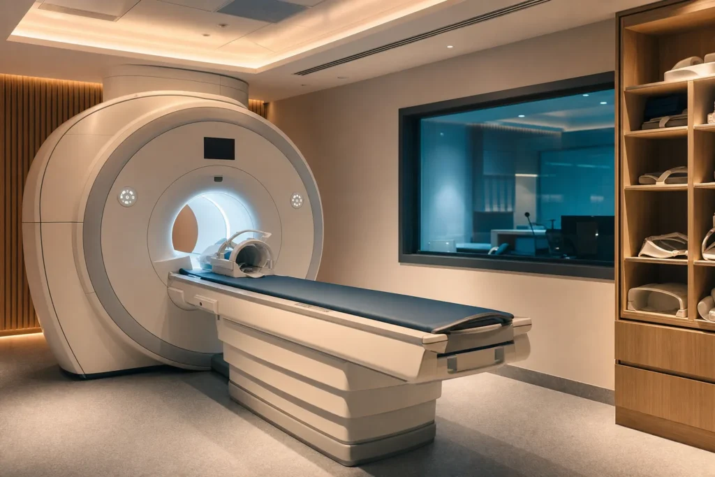 Clean MRI suite with a 3T scanner gantry and an illuminated bore.