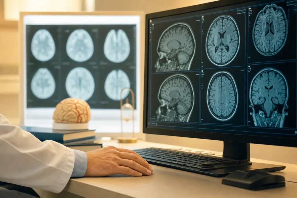 Neurology reading station reviewing brain MRI slices on a monitor.