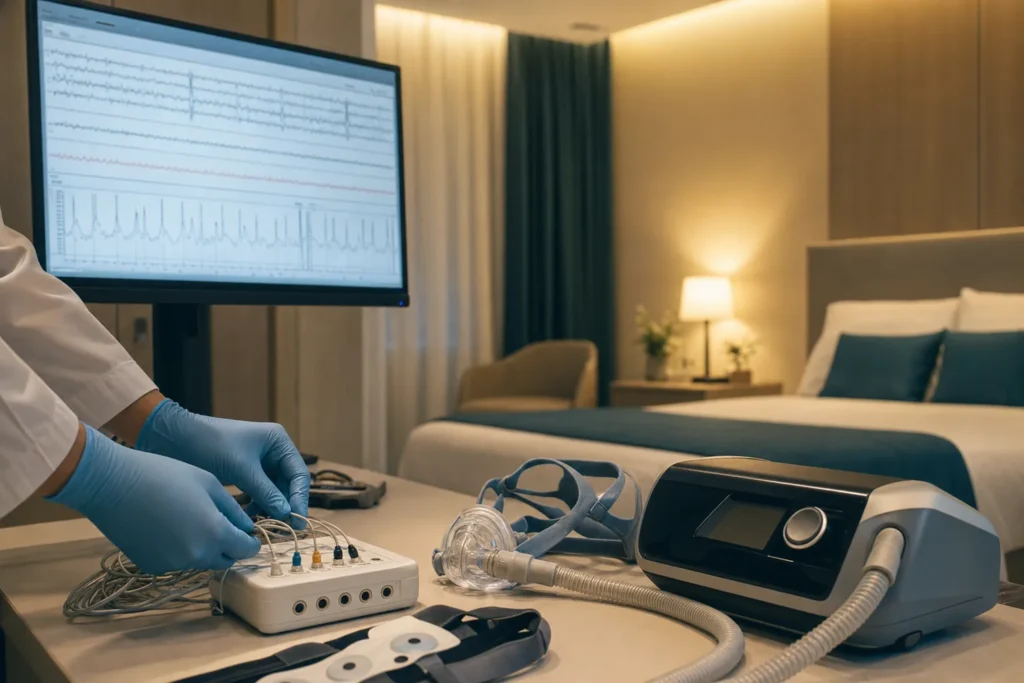 Sleep laboratory with polysomnography sensors, a CPAP machine and study traces.