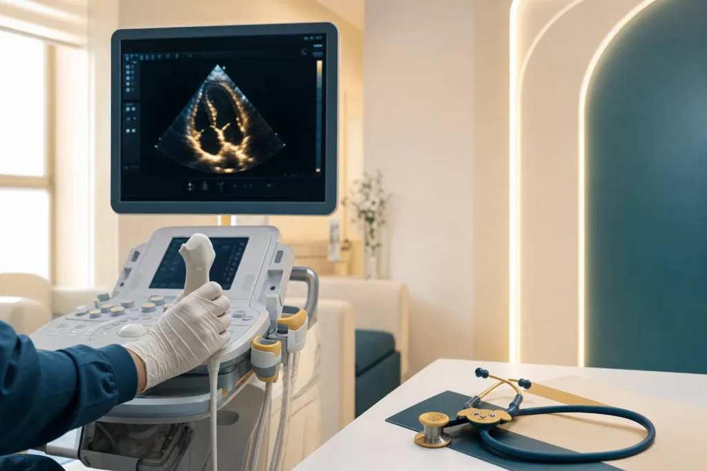 Paediatric cardiology room with an echocardiography machine and cardiac ultrasound.