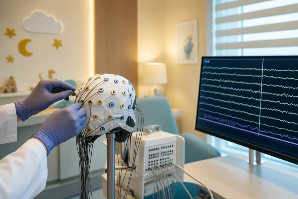 Paediatric EEG room with an electrode cap and brain-wave traces on a screen.