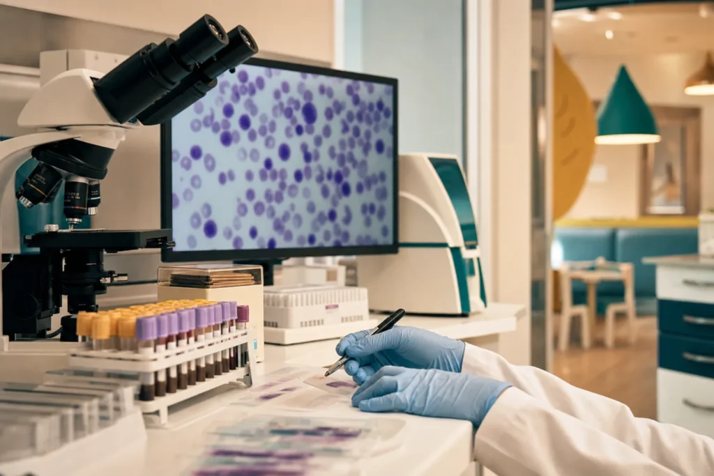 Paediatric haematology lab with microscope and blood-smear analysis.