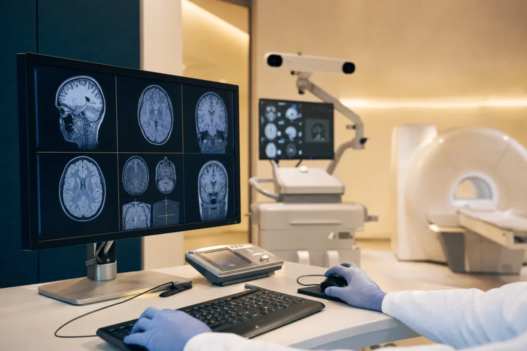Paediatric neuro-imaging review with brain MRI on a monitor and navigation system.