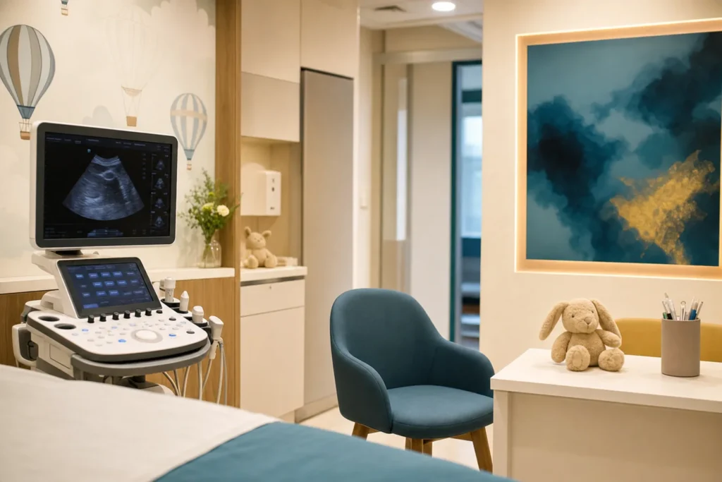 Bright child-friendly paediatric clinic room with calm decor and no patients.