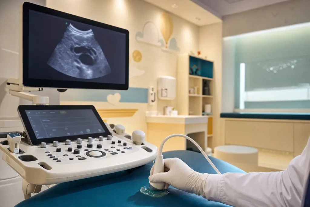 Paediatric urology room with an ultrasound machine and renal imaging.