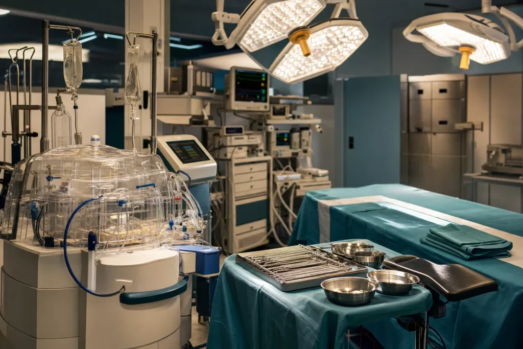 Transplant theatre with an organ-preservation device and sterile instrument trays.