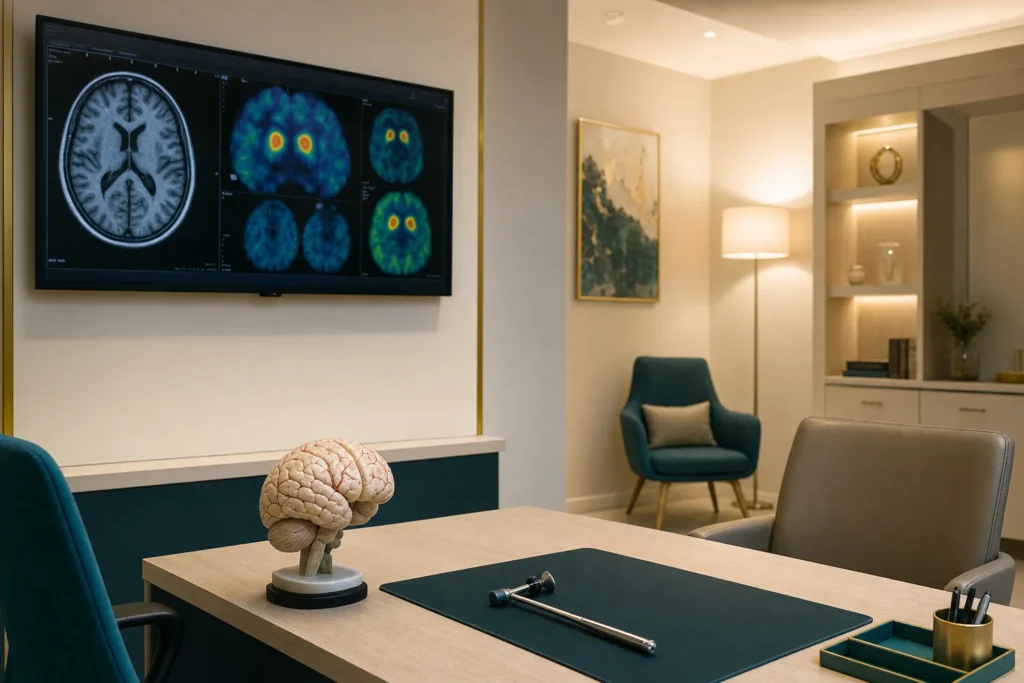 Movement-disorders clinic with brain imaging on a monitor and a calm consultation desk.