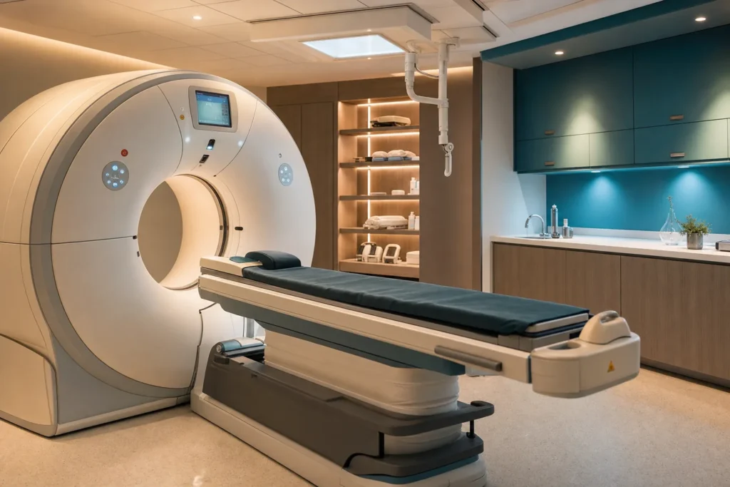 Clean nuclear-medicine suite with a PET/CT scanner gantry.