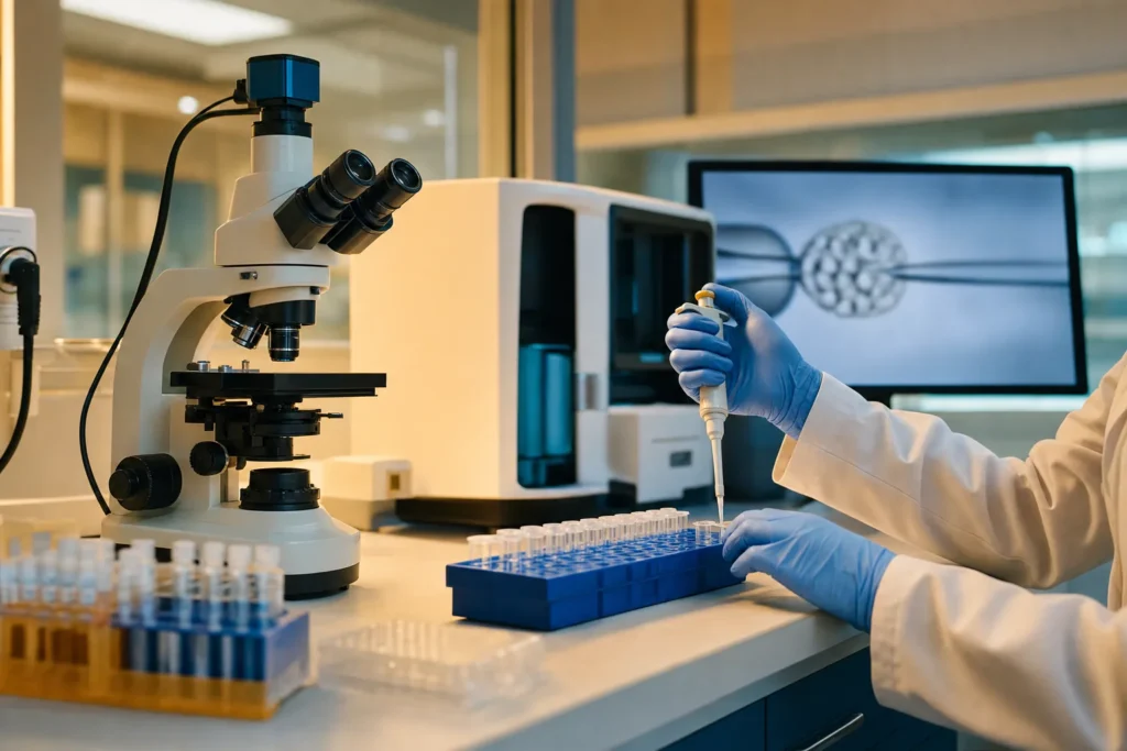 Embryo genetic-testing laboratory with microscope and genetic analyser.