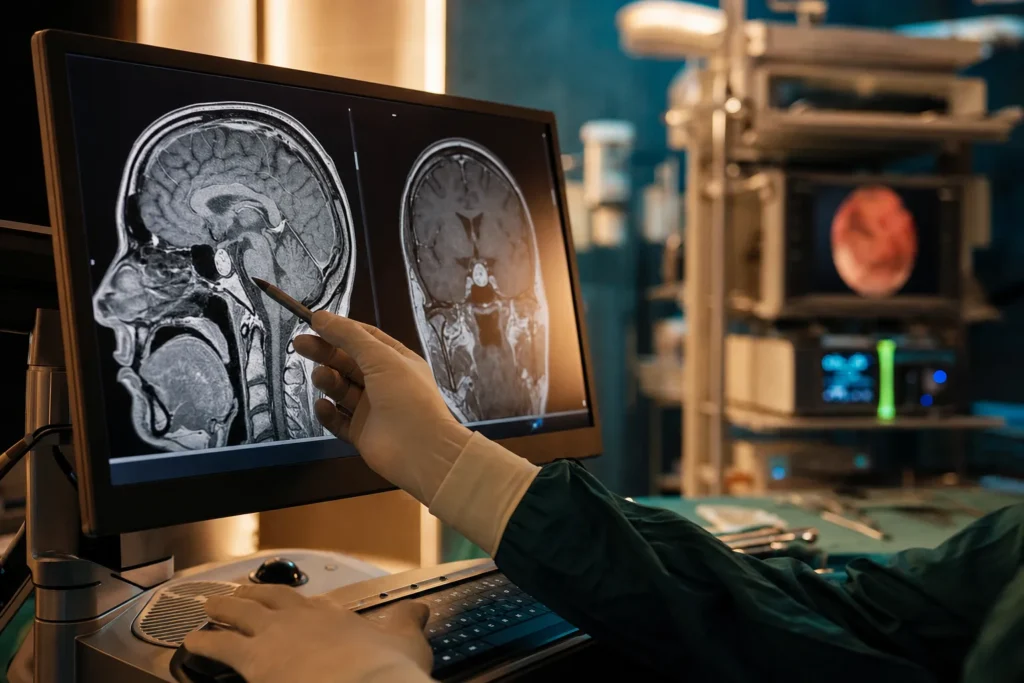Skull-base surgery planning with pituitary MRI on a monitor and endoscopy tower.