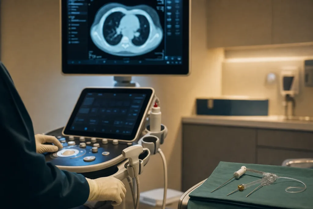 Thoracic diagnostics room with chest CT, pleural ultrasound and a sampling tray.