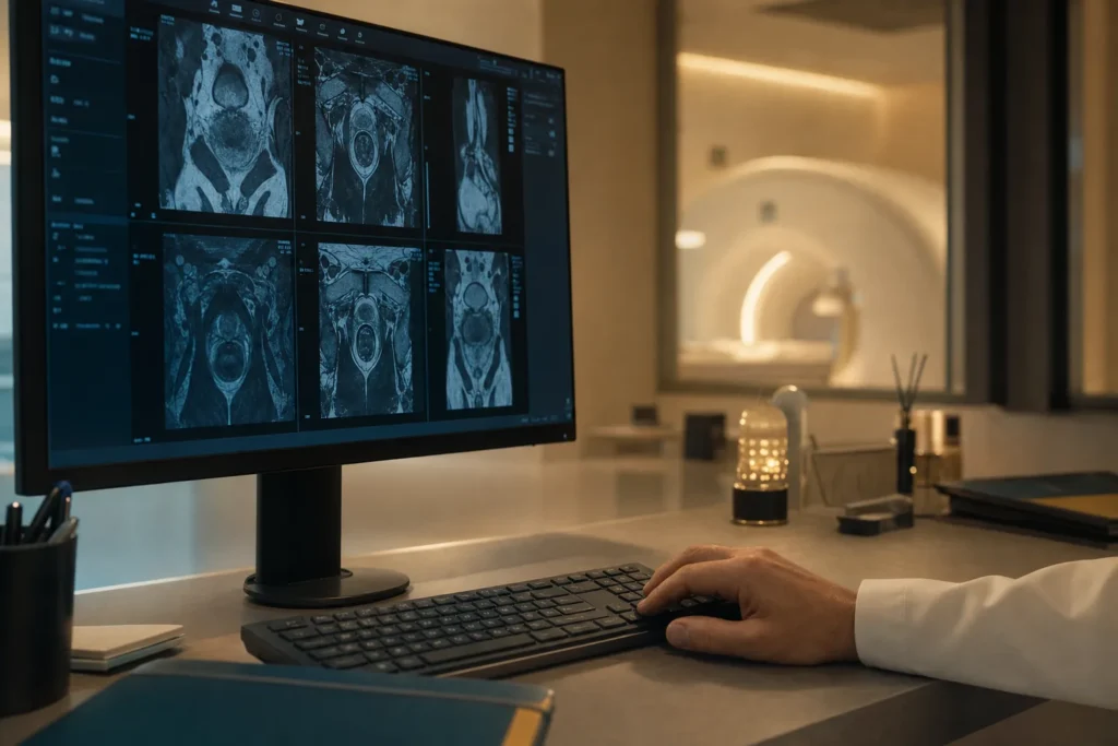 Prostate MRI review on a urology reporting monitor.