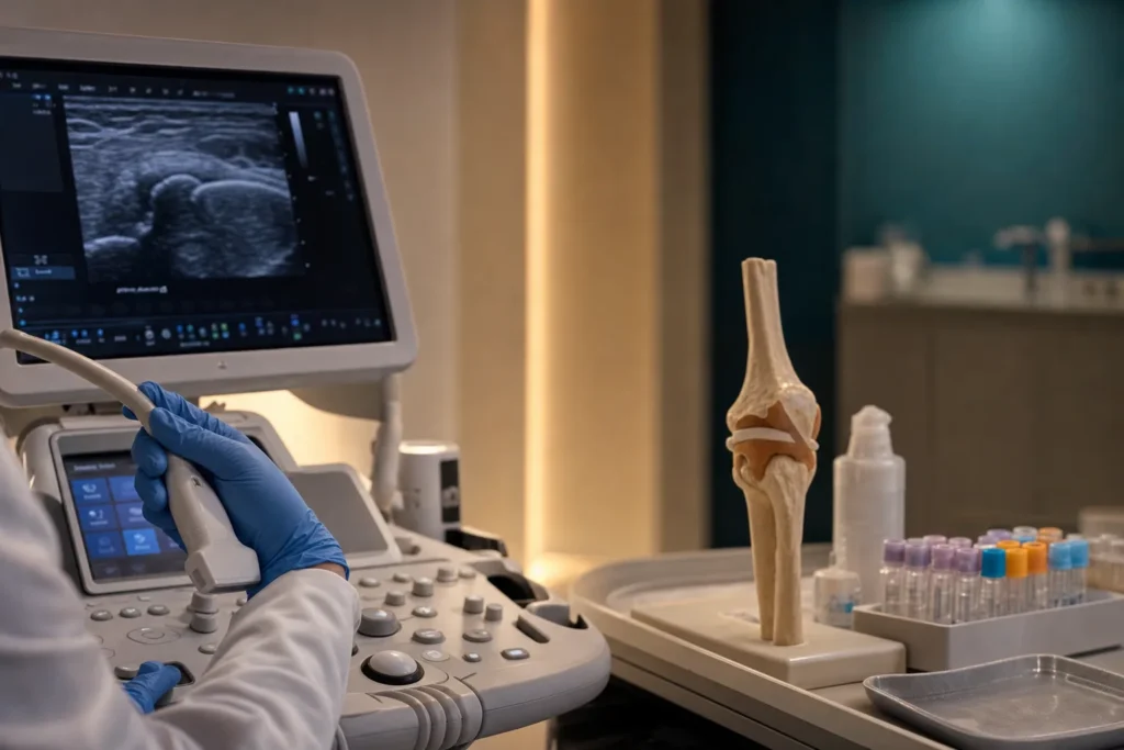 Rheumatology room with joint ultrasound, an anatomical joint model and lab tubes.
