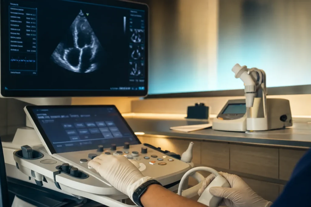 Cardiopulmonary diagnostics room with echocardiography and a lung-function device.