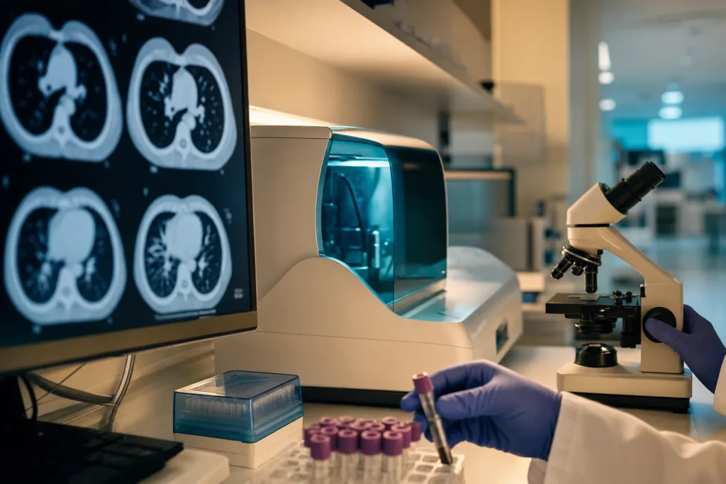 Pulmonology diagnostics with chest CT, a molecular analyser and a microscope.