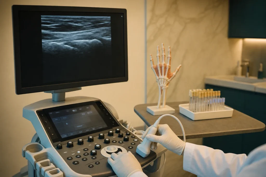 Rheumatology room with joint ultrasound, a hand-joint model and lab tubes.
