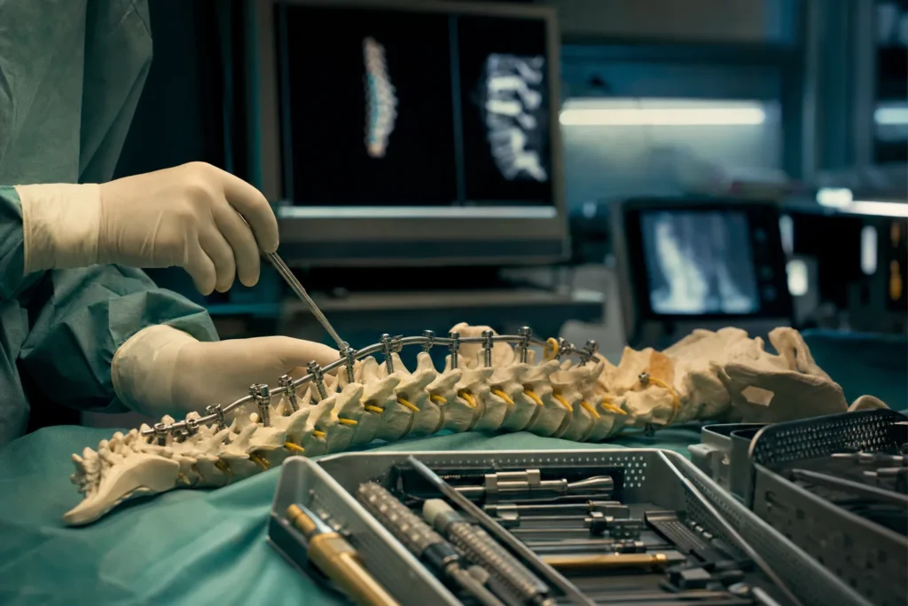 Scoliosis-correction setup with a spine model, titanium rods and pedicle screws.