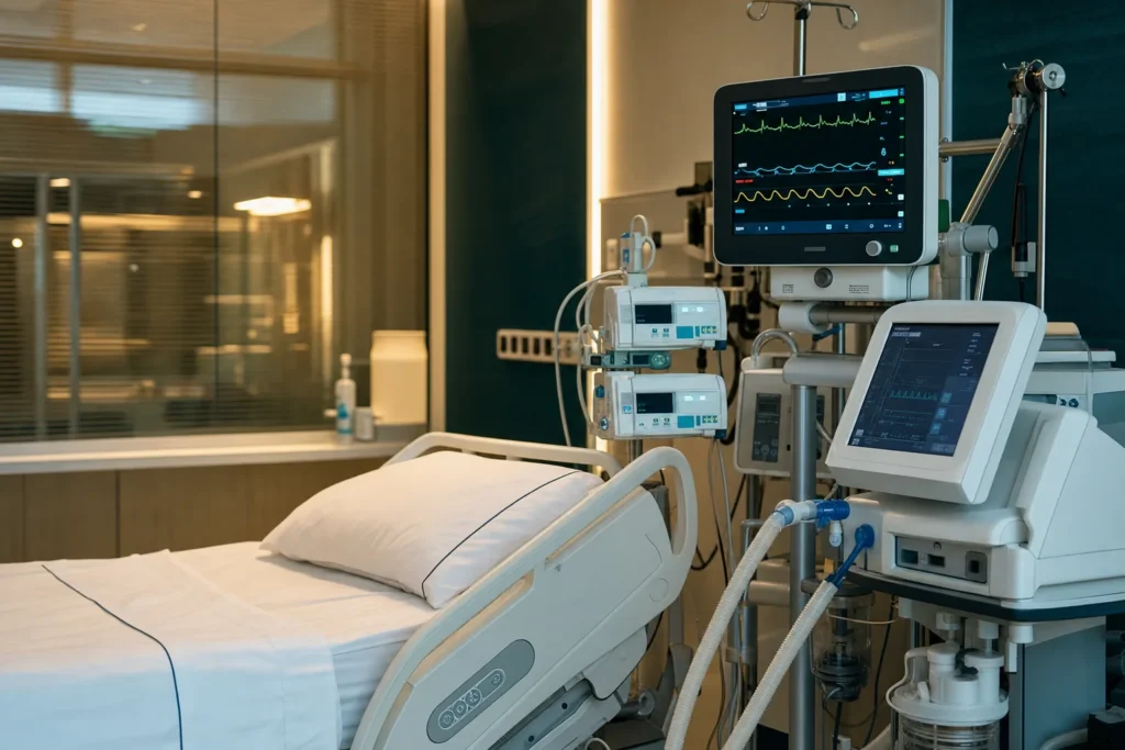 Empty modern intensive-care bay with vital-signs monitor and infusion pumps.