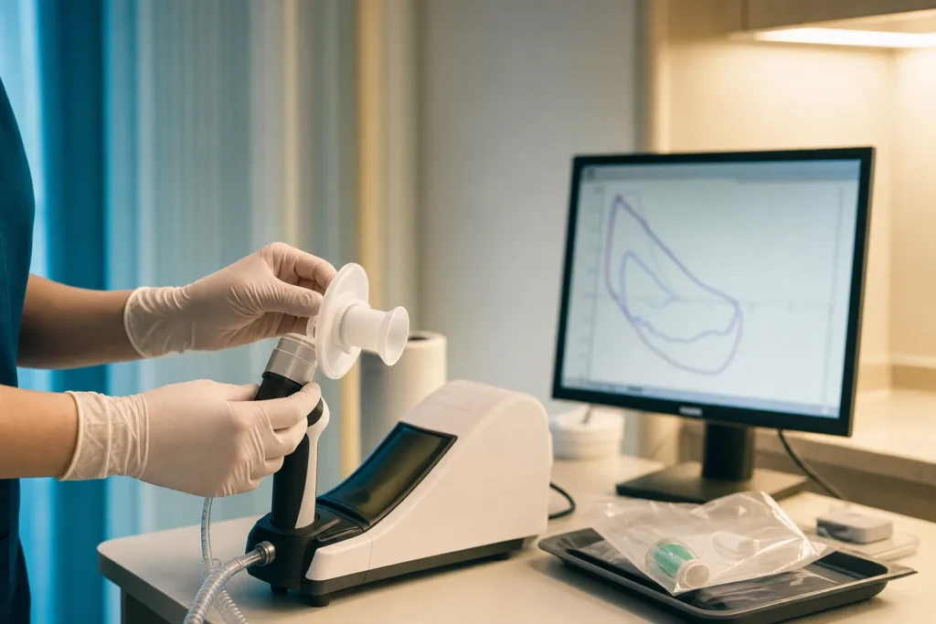 Respiratory diagnostics room with a lung-function device and airflow loops.