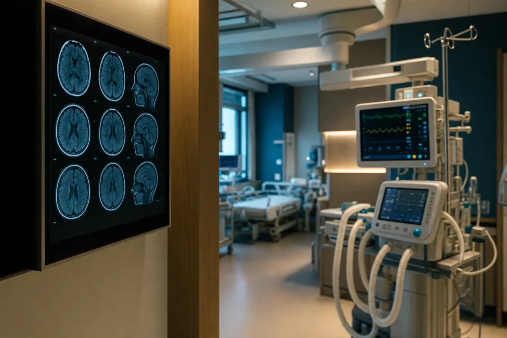 Neuro-critical-care bay with brain CT on a monitor and ventilator equipment.