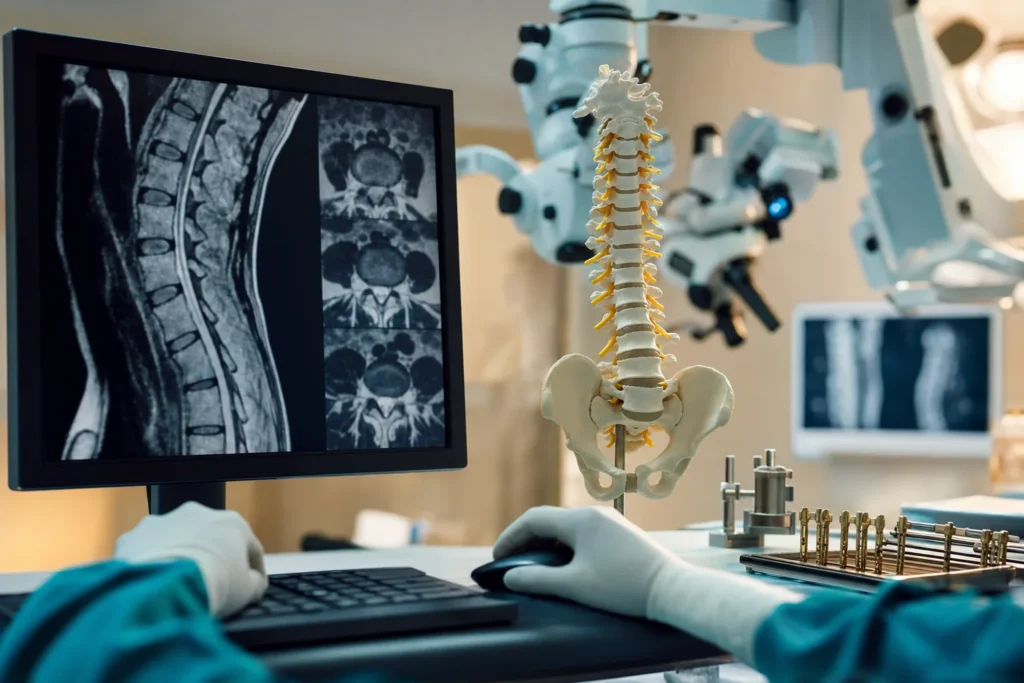 Spinal neurosurgery planning with spinal MRI, spine model and surgical microscope.