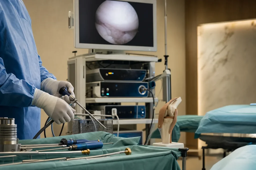 Arthroscopy suite with a tower, fine instruments and an anatomical knee model.