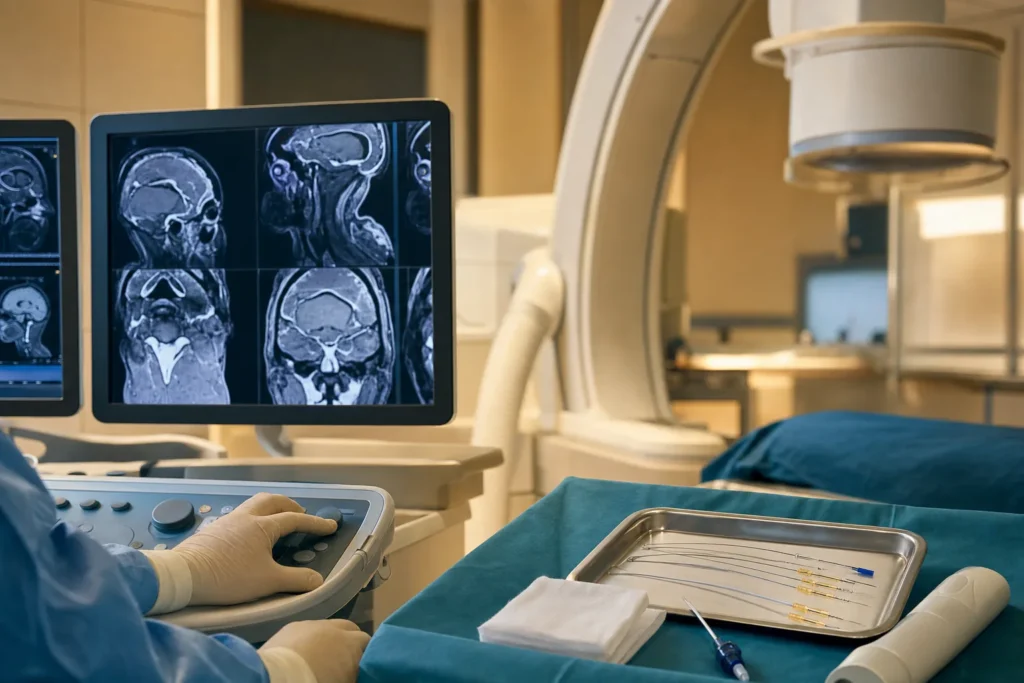 Neuro-intervention setting with facial-nerve MRI and a fine-needle procedure tray.