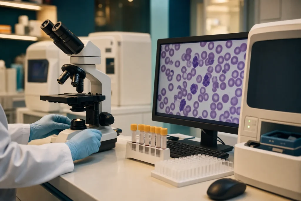 Tropical-medicine laboratory with microscope and molecular diagnostics equipment.