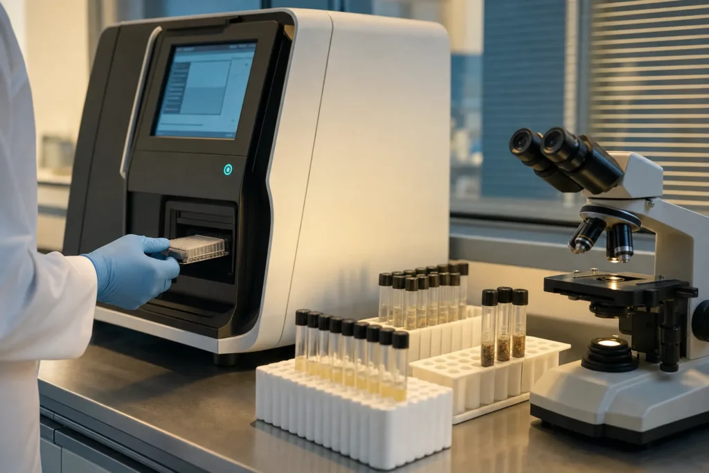 Molecular tuberculosis testing laboratory with cartridge analyser and microscope.