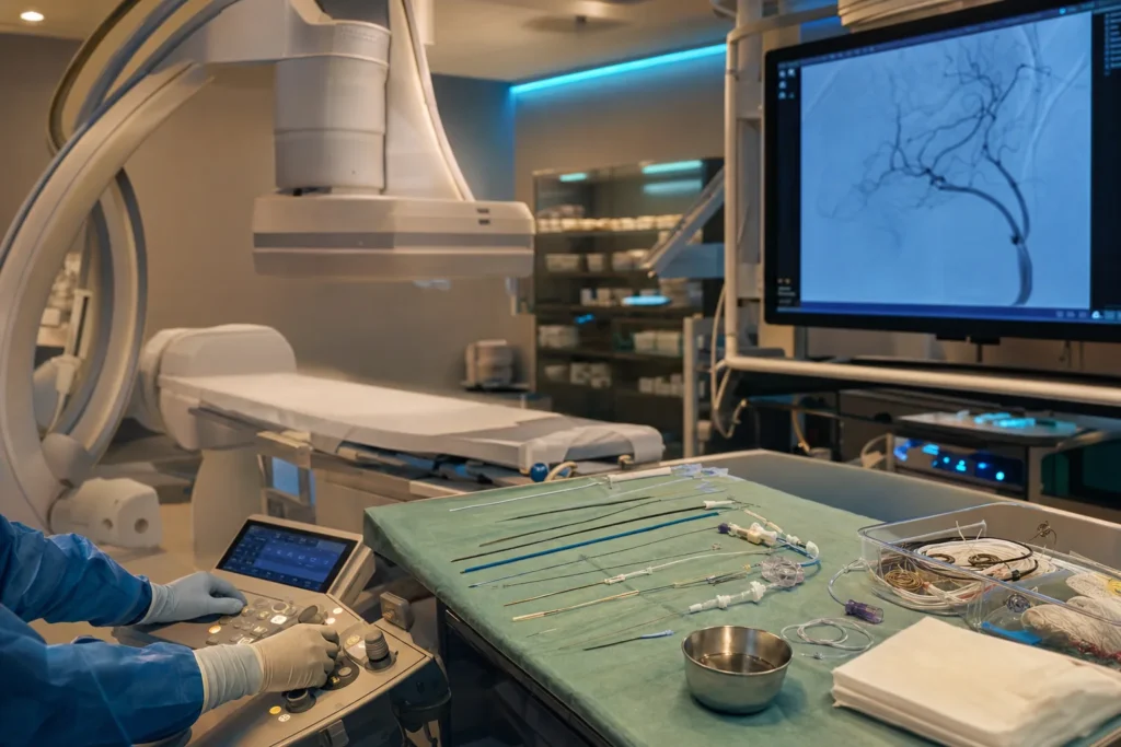 Interventional-radiology angiography suite with a C-arm and an embolisation tray.