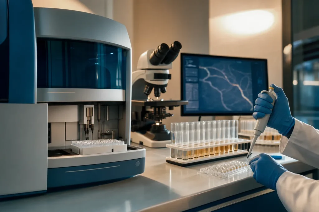 Immunology lab with an autoantibody analyser, microscope and vascular imaging.
