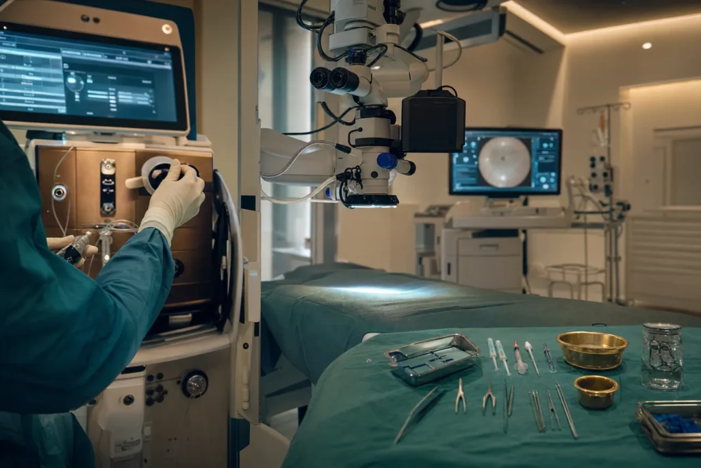 Vitreoretinal operating suite with a vitrectomy machine and ophthalmic microscope.