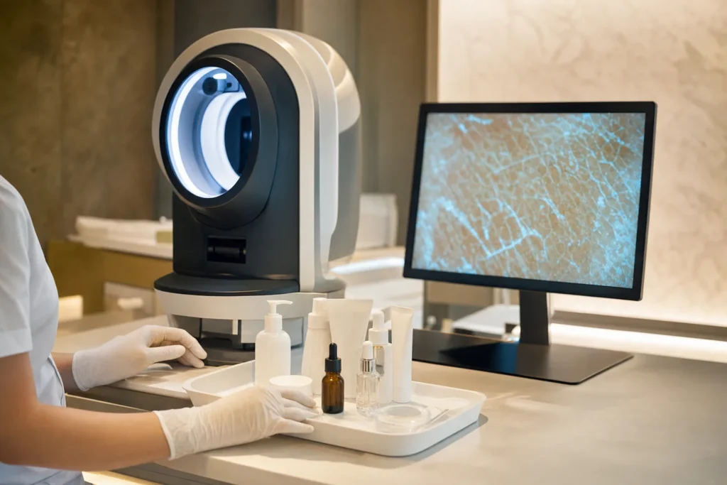 Dermatology treatment room with skin-analysis imaging device.
