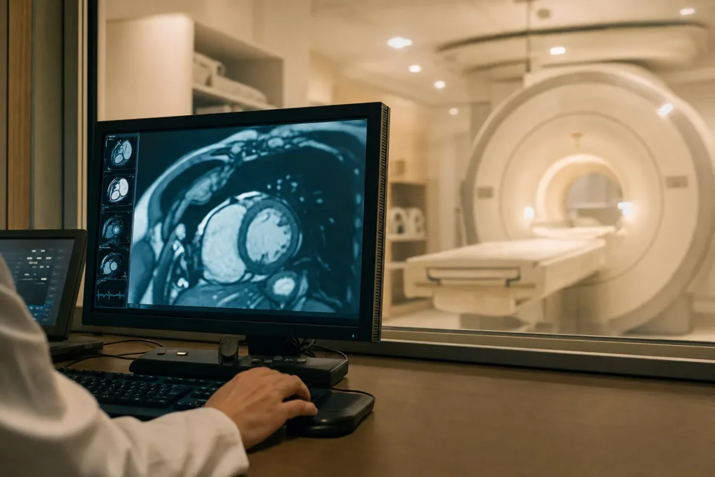 Cardiac MRI review station for congenital heart assessment.