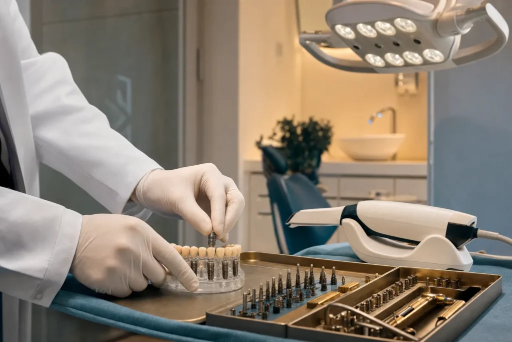 Full-arch implant model and dental tools on a surgery tray.