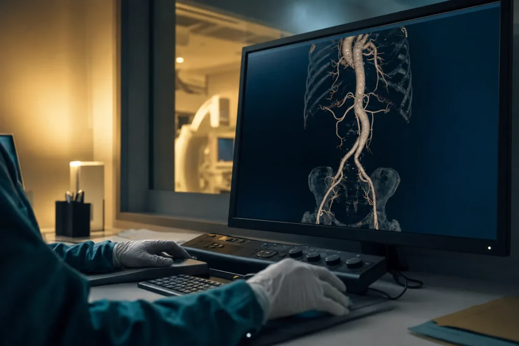 Vascular imaging room reviewing a CT angiogram of the aorta.
