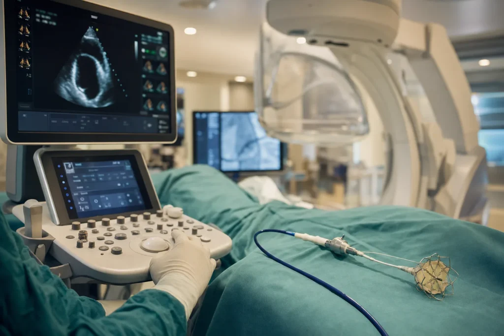 Structural-heart suite with echocardiography and a valve delivery catheter.