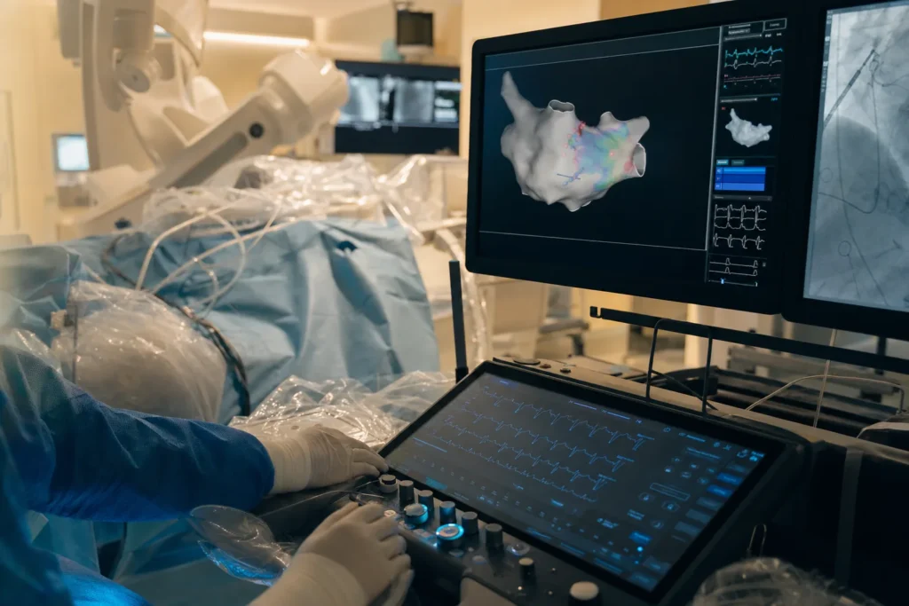 Electrophysiology lab with cardiac mapping and an ablation catheter.